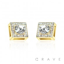 PAIR OF DOUBLE SQUARE GEM PAVED W/ CENTERED CZ STAINLESS STEEL STUD PIN EARRING