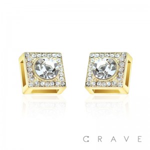 PAIR OF DOUBLE SQUARE GEM PAVED W/ CENTERED CZ STAINLESS STEEL STUD PIN EARRING