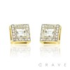 PAIR OF DOUBLE SQUARE GEM PAVED W/ CENTERED CZ STAINLESS STEEL STUD PIN EARRING