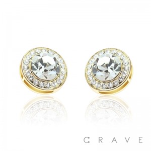 PAIR OF ROUND GEM PAVED W/ CENTERED CZ STAINLESS STEEL PIN EARRING