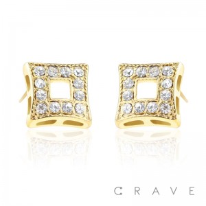 PAIR OF STAINLESS STEEL PIN GEM PAVED CURVED SQUARE STUD EARRING