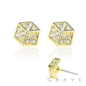 PAIR OF STAINLESS STEEL PIN GEM PAVED FLAT DICE STUD EARRING