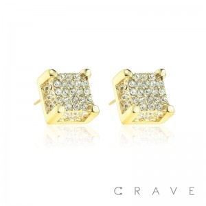 PAIR OF STAINLESS STEEL PIN GEM PAVED SQUARE 3 DIMENSION EARRING
