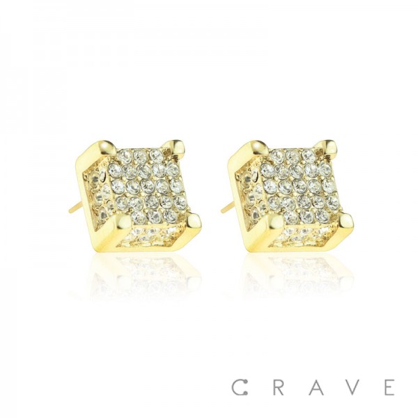 PAIR OF STAINLESS STEEL PIN GEM PAVED SQUARE 3 DIMENSION EARRING