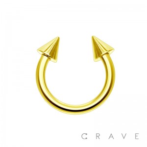 GOLD PVD PLATED OVER 316L SURGICAL STEEL HORSESHOE WITH SPIKE (external thread)