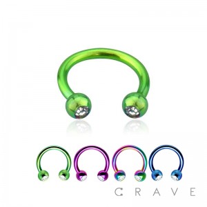COLOR PVD OVER 316L SURGICAL STEEL HORSESHOE WITH CLEAR GEM BALLS (external thread)