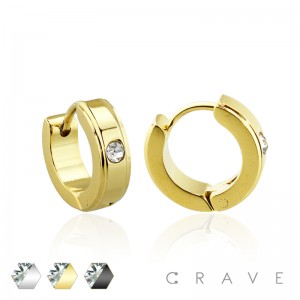 PAIR OF STAINLESS STEEL SINGLE GEM UNISEX HUGGIE/HOOP EARRINGS