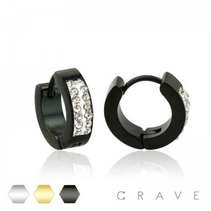 PAIR OF CZ DOUBLE LINED SET STAINLESS STEEL UNISEX HUGGIE/HOOP EARRINGS