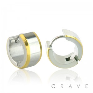 PAIR OF STAINLESS STEEL TWO TONE WITH IP GOLD EDGING UNISEX HUGGIE/HOOP EARRINGS