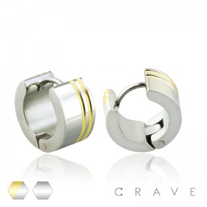PAIR OF STAINLESS STEEL DUAL IP GOLD STRIPES UNISEX HUGGIE/HOOP EARRINGS