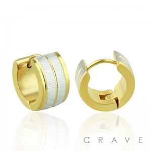 PAIR OF STAINLESS STEEL IP GOLD PLATED WITH BRUSHED CENTER HUGGIE/HOOP EARRINGS