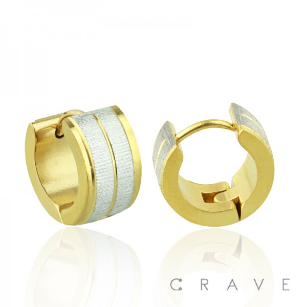 PAIR OF STAINLESS STEEL IP GOLD PLATED WITH BRUSHED CENTER HUGGIE/HOOP EARRINGS