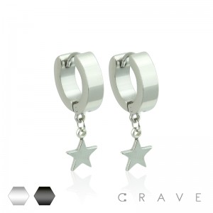 PAIR OF STAINLESS STEEL UNISEX MINI HUGGIE/HOOP EARRINGS WITH STAR DANGLE