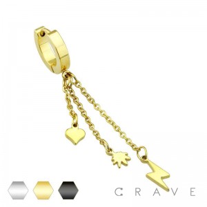 316L STAINLESS STEEL DANGLING LIGHTNING BOLT & HEART CHARM HUGGIE/HOOP EARRING