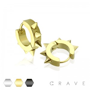 PAIR OF STAINLESS STEEL IP BLACK & GOLD HUGGIE/HOOP EARRINGS WITH MULTI SPIKE