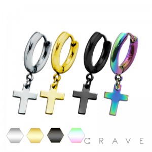 316L STAINLESS STEEL SPHERICAL HUGGIE/HOOP EARRING WITH CROSS DANGLE