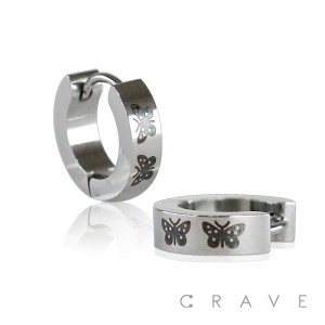 PAIR OF STAINLESS STEEL HUGGIE/HOOP EARRINGS WITH BUTTERFLY PRINT