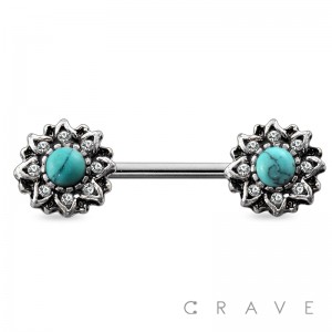 ANTIQUE BURNISH SILVER GEM TURQUOISE STONE SUNBURST 316L SURGICAL STEEL NIPPLE BAR