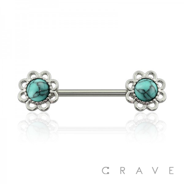 316L SURGICAL STEEL TURQUOISE STONE FLOWER NIPPLE BARBELL