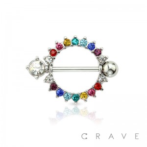 PAVED RAINBOW GEM ROUND 316L SURGICAL STEEL NIPPLE SHIELD