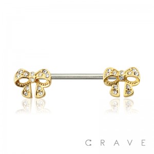 GEM PAVED GOLD BOW 316L SURGICAL STEEL NIPPLE BAR