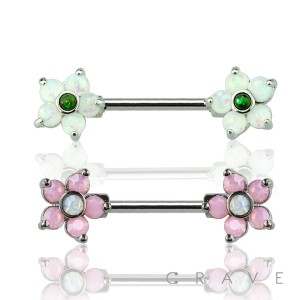 OPAL PRONG SET FLOWER ENDS 316L SURGICAL STEEL BARBELL NIPPLE BAR