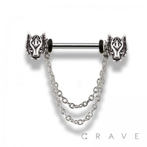 WOLF HEAD WITH CHAIN 316L SURGICAL STEEL NIPPLE BAR