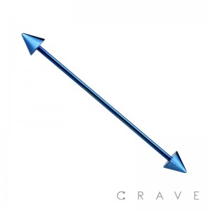 BLUE PVD PLATED OVER 316L SURGICAL STEEL INDUSTRIAL BARBELL WITH SPIKES (external thread)