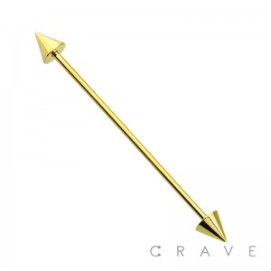 GOLD PLATED OVER 316L SURGICAL STEEL INDUSTRIAL BARBELL WITH SPIKES (external thread)