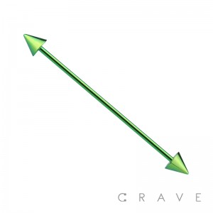 GREEN PVD PLATED OVER 316L SURGICAL STEEL INDUSTRIAL BARBELL WITH SPIKES (external thread)