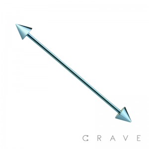LIGHT BLUE PVD PLATED OVER 316L SURGICAL STEEL INDUSTRIAL BARBELL WITH SPIKES (external thread)