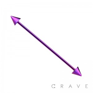 PURPLE PVD PLATED OVER 316L SURGICAL STEEL INDUSTRIAL BARBELL WITH SPIKES (external thread)