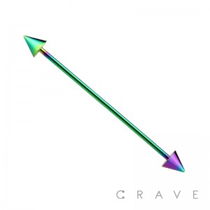 RAINBOW PVD PLATED OVER 316L SURGICAL STEEL INDUSTRIAL BARBELL WITH SPIKES (external thread)