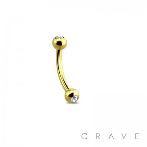 GOLD PLATED OVER 316L SURGICAL STEEL EYEBROW/CURVED BARBELL WITH CLEAR GEMS (external thread)