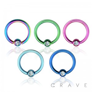 PVD PLATED OVER 316L SURGICAL STEEL CAPTIVE BEAD RING WITH GEM