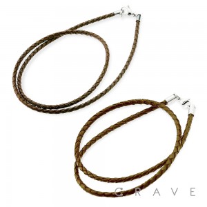 BRAIDED THIN LEATHER NECKLACE W/ SILVER LOBSTER CLASP