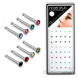 40PCS OF MIXED 316L SURGICAL STEEL 2MM COLOR GEM NOSE BONE BOX