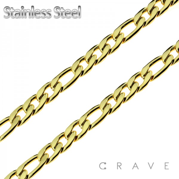 GOLD PLATED FIGARO CHAIN LINK STAINLESS STEEL NECKLACE