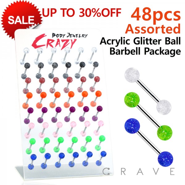 48 PCS OF ASSORTED CLEAR COLOR ACRYLIC GLITTER BALL 316L SURGICAL STEEL BARBELL PACKAGE