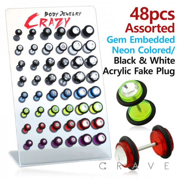 48PCS OF ASSORTED GEM EMBEDDED NEON COLORED / BLACK & WHITE MIXED ACRYLIC FAKE PLUG WITH O-RINGS