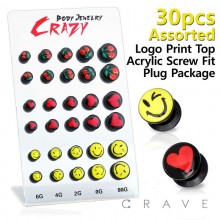 30PCS OF ASSORTED PRINT TOP BLACK ACRYLIC SCREW FIT PLUG DISPLAY PACKAGE