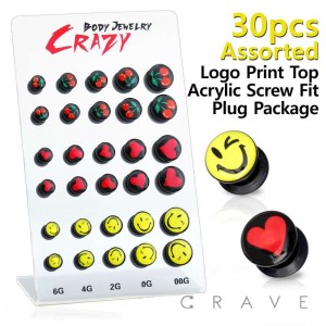 30PCS OF ASSORTED PRINT TOP BLACK ACRYLIC SCREW FIT PLUG PACKAGE