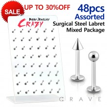 48PCS OF ASSORTED 316L SURGICAL STEEL LABRET/MONROE WITH BALL & SPIKE PACKAGE