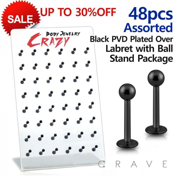 48PCS OF ASSORTED BLACK PVD PLATED OVER 316L SURGICAL STEEL LABRET W/ BALL MIXED STAND PACKAGE