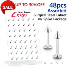 48PCS OF ASSORTED 316L SURGICAL STEEL LABRET/MONROE W/ SPIKE PACKAGE