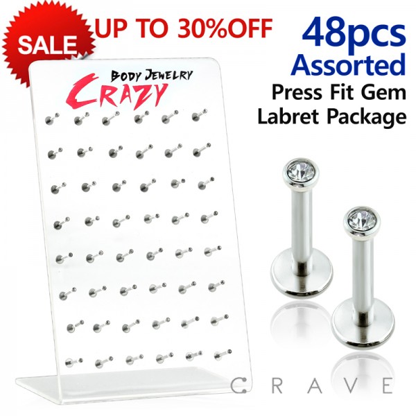 48PCS OF ASSORTED INTERNALLY THREADED SURGICAL STEEL LABRET/MONROE W/ 2MM CLEAR GEM PACKAGE