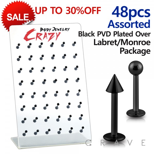 48 PCS OF ASSORTED BLACK PVD PLATED OVER 316L SURGICAL STEEL LABRET W/ BALL & SPIKE MIXED STAND PACKAGE