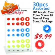 30PCS OF ASSORTED UV ACRYLIC MIXED CLEAR COLOR SCREW FIT TUNNEL PLUG PACKAGE