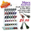 36 PCS OF ASSORTED ACRYLIC FANCY LOGO FAKE TAPER AND FAKE PLUG PACKAGE