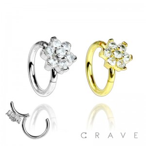 316L SURGICAL STEEL SIDE CZ FLOWER HINGED SEGMENT RING FOR SEPTUM, HELIX, TRAGUS